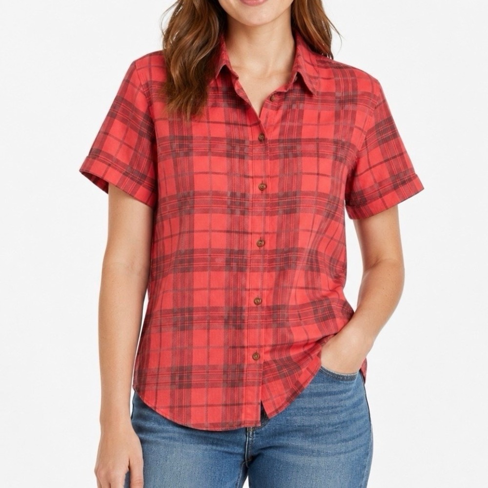 LL Bean Orange Plaid Lightweight Short Sleeve Button Up Shirt XL 519596